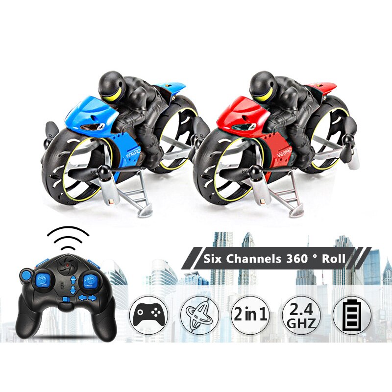 Rc motorcykel amfibie 2 in 1 mini drone flyvende motorcykel legetøj quadcopter til børn (blå)