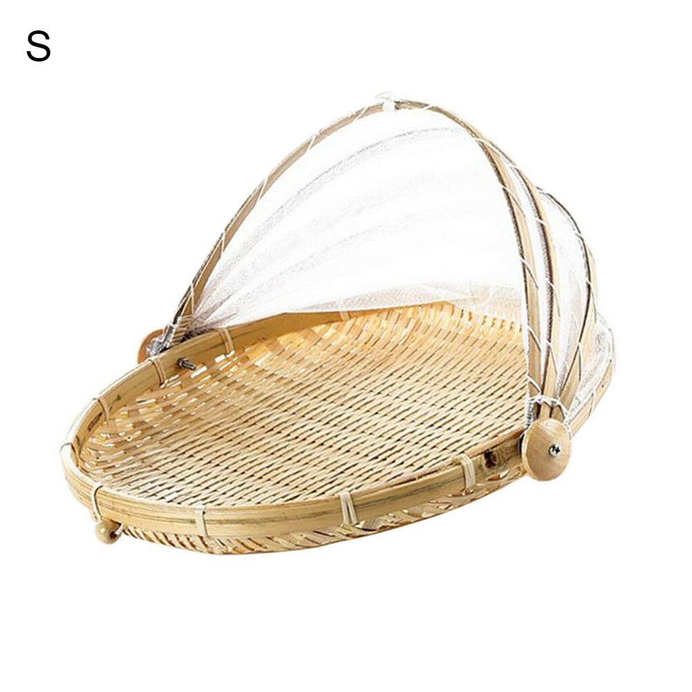 Anti-Insect Stofdicht Mand Fruit Groente Lade Mesh Drogen Stoffer Handgemaakte Bamboe Voedsel Opslag Mand Picknickmand: Round / L