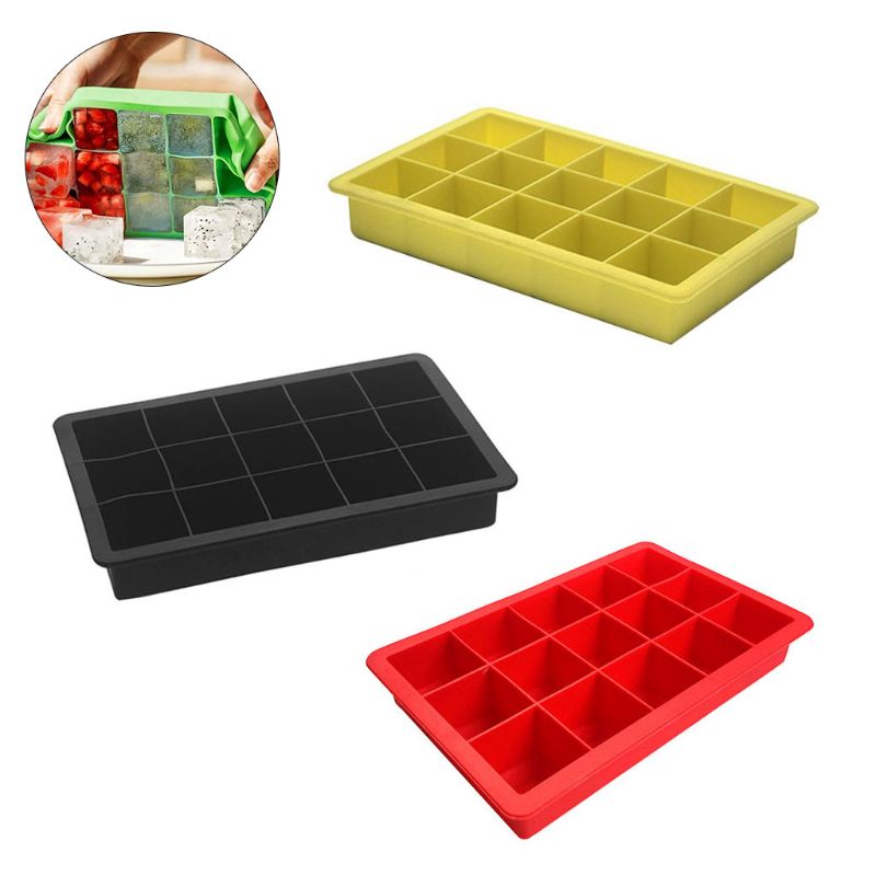 3 Pieces Silicone Ice Cube Mold Square Ice Cube Tray with 15 Grids for Chill Drinks Whiskey Cocktail Jelly Pudding，The silicone