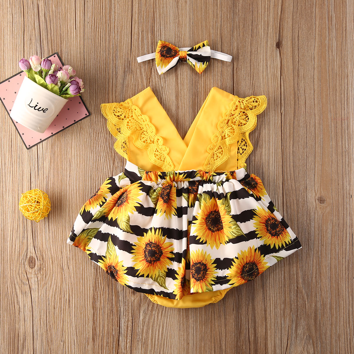 0-24M Pasgeboren Baby Meisjes Romper Jurk Zonnebloemen Print Kant Mouw V-hals Jumpsuits Hoofdband 2 Stuks