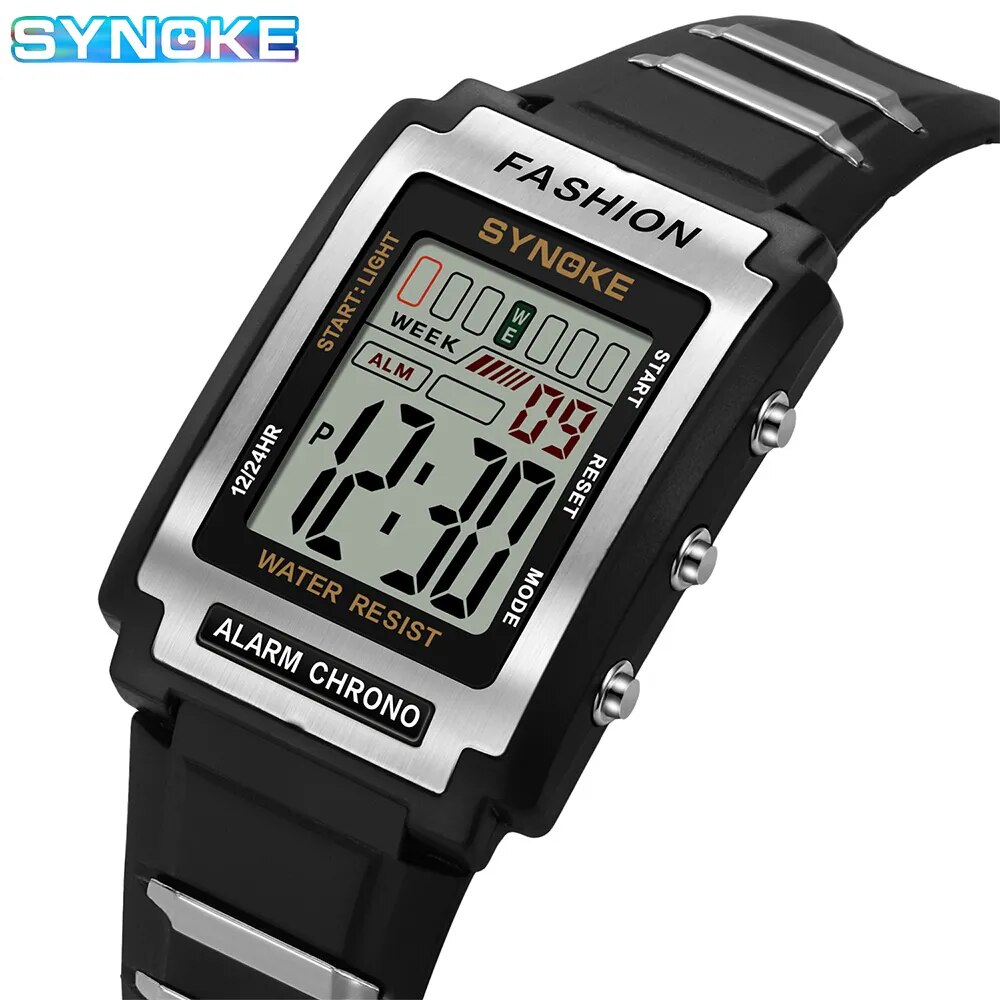 Synoke men's rectangular sports electronic watch, waterproof, 50m night lights, large screen alarm clock, trendy retro style: Default Title