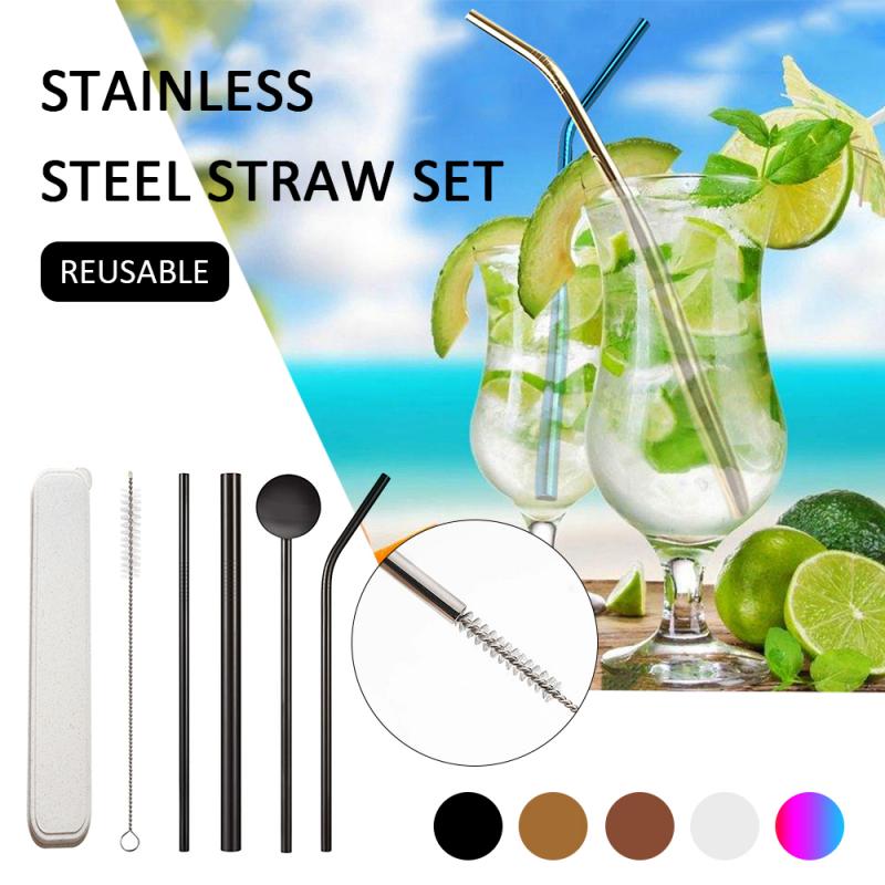 5 Kleuren Herbruikbare Rvs Rietjes Rechte Gebogen Drinken Metalen Set Met Cleaner Borstel Bar Party Accessoires