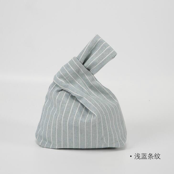 Estilo japonês vento simples nó saco de pulso moeda bolsa do telefone móvel chave pequeno saco grade listra artesanal quadrado algodão tecido saco: light blue