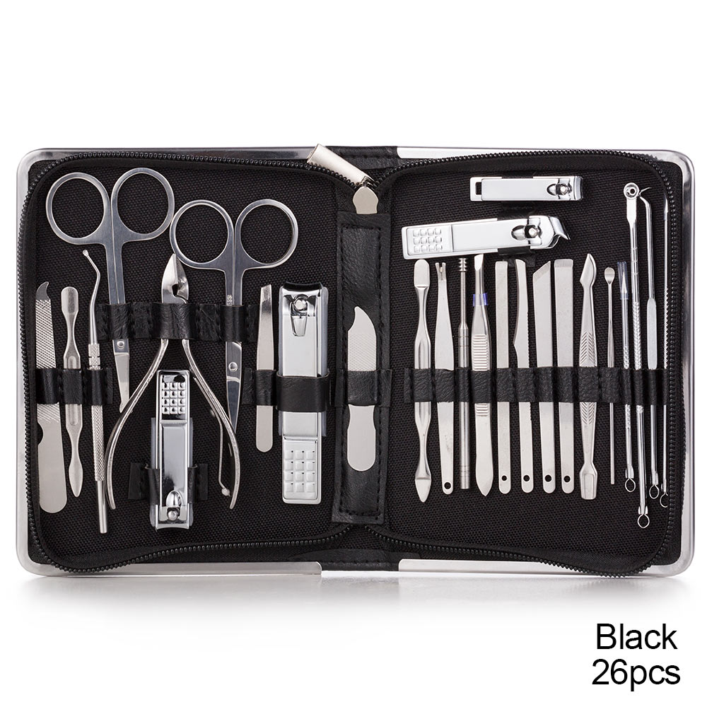 Nail Clippers Set Stainless Full Function Pedicure Tools Kit With Nail Scissors File Acne Needle Tweezers Earpick Manicure Tool: 26 pcs black