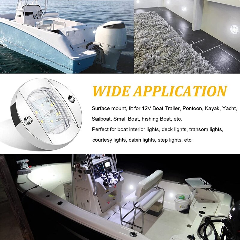 Luces interiores para barcos marinos de 4 piezas, luz de cortesía para cubierta de barco LED de 12V, 3 pulgadas, redonda, blanca, 6 LED, luz de anclaje de popa
