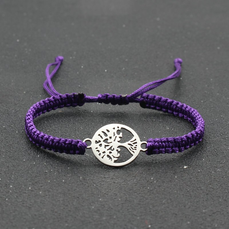 Pulsera de cuerda hecha a mano para hombre y mujer, brazalete de acero inoxidable con colgante de árbol de la vida, ajustable, para pareja: Purple