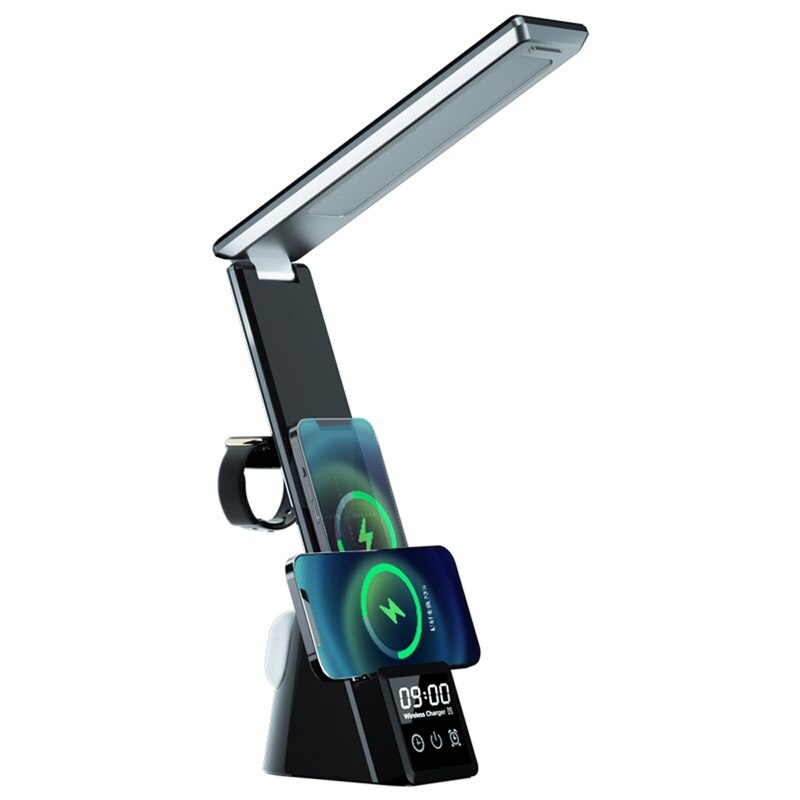 Support de lampe de Table avec chargeur sans fil 5 en 1, pour IPhone 12 11 Pro Max 15W, Station de charge rapide pour Apple Watch AirPods: Without Usb Plug / Black