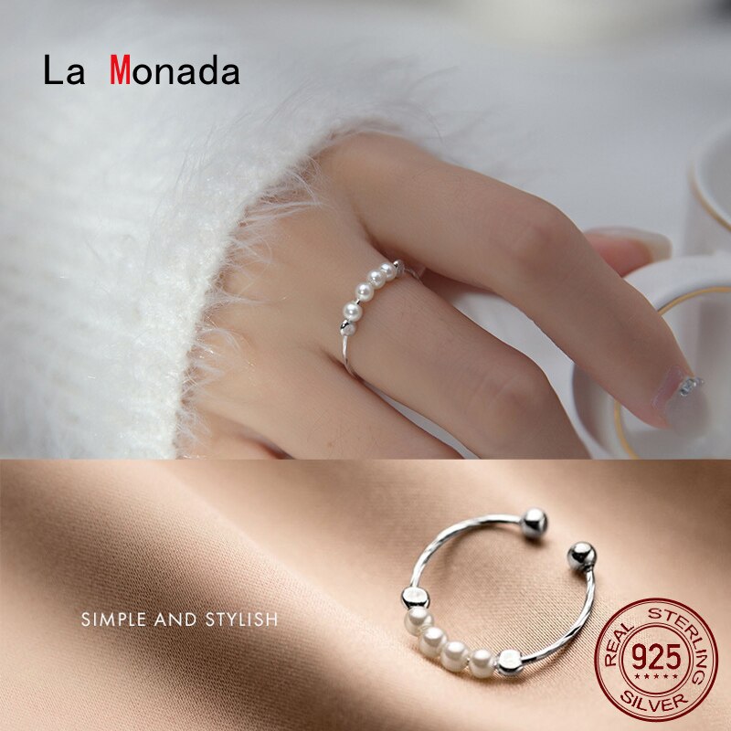 La Monada 49-55mm Finger Women Ring 925 Silver Minimalist Synthetic Pearl Rings For Women 925 Silver Fine Jewerly Rings Woman