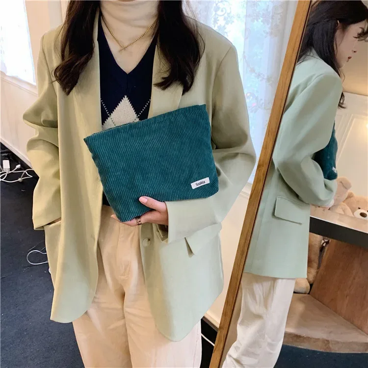 Women Large Cosmetic Bag Corduroy Cloth Girl Makeup Pouch Hand Travel Bag Lipstick Organizer Cases Zipper Clutch Phone Purse: Orange