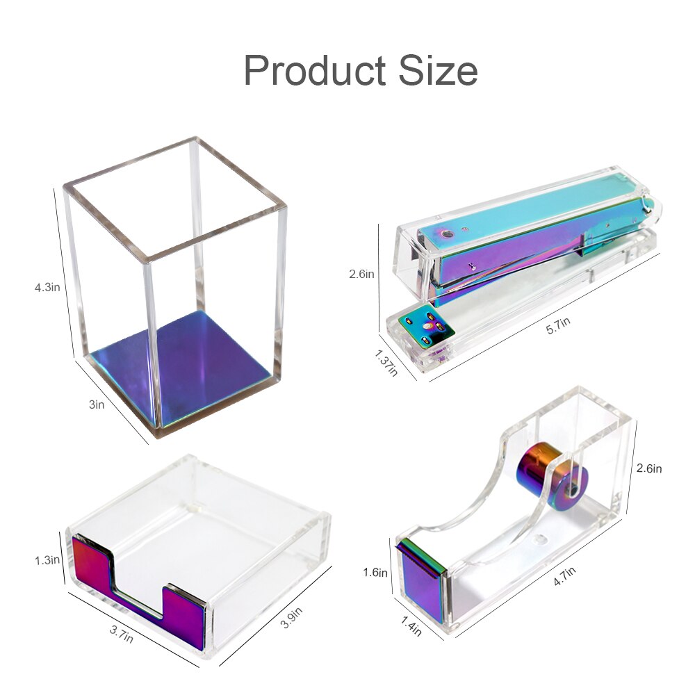 Clear Acrylic Gold Tape Dispenser Stapler with Staples Pen Holder Office Supplies Desktop Accessories Organizer Stationery Set: Rainbow Color