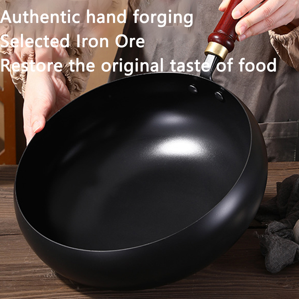 24cm/28cm Uncoated Pot Non - stick Wok Hand-made Iron Pot with Wooden Lid Cooking Pan for Induction Electric Gas All Stoves: Burgundy