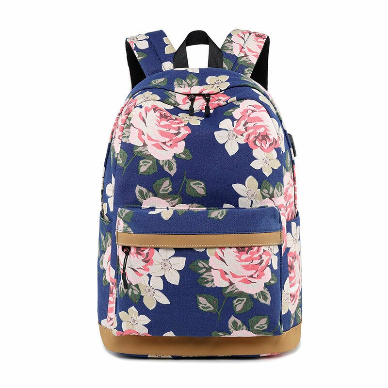 Canvas Vrouwen Bloemen Rugzak Usb Opladen Schooltassen Voor Meisjes Reizen Rugzak: Beige