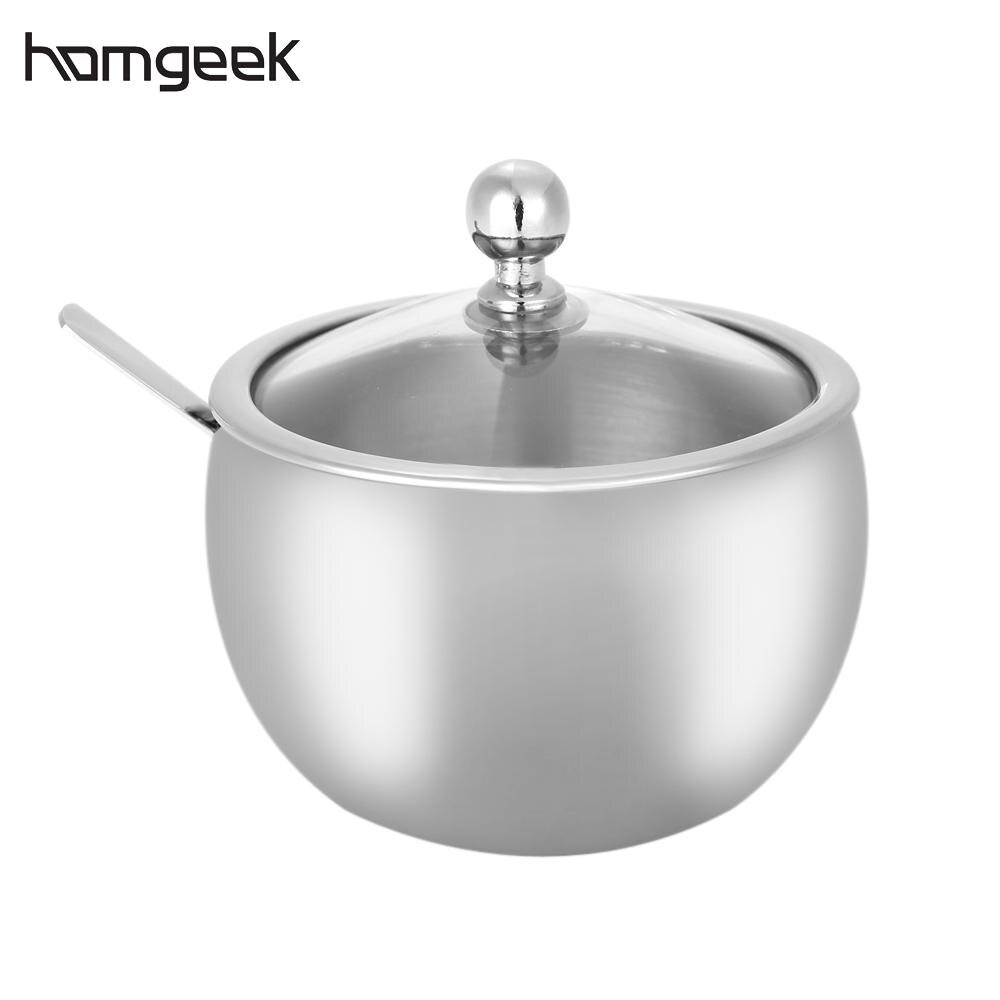 Homgeek High-end Durable Stainless Steel Sugar Bowl with Lid and Sugar Spoon Versatile Seasoning Container For Kitchen: Default Title