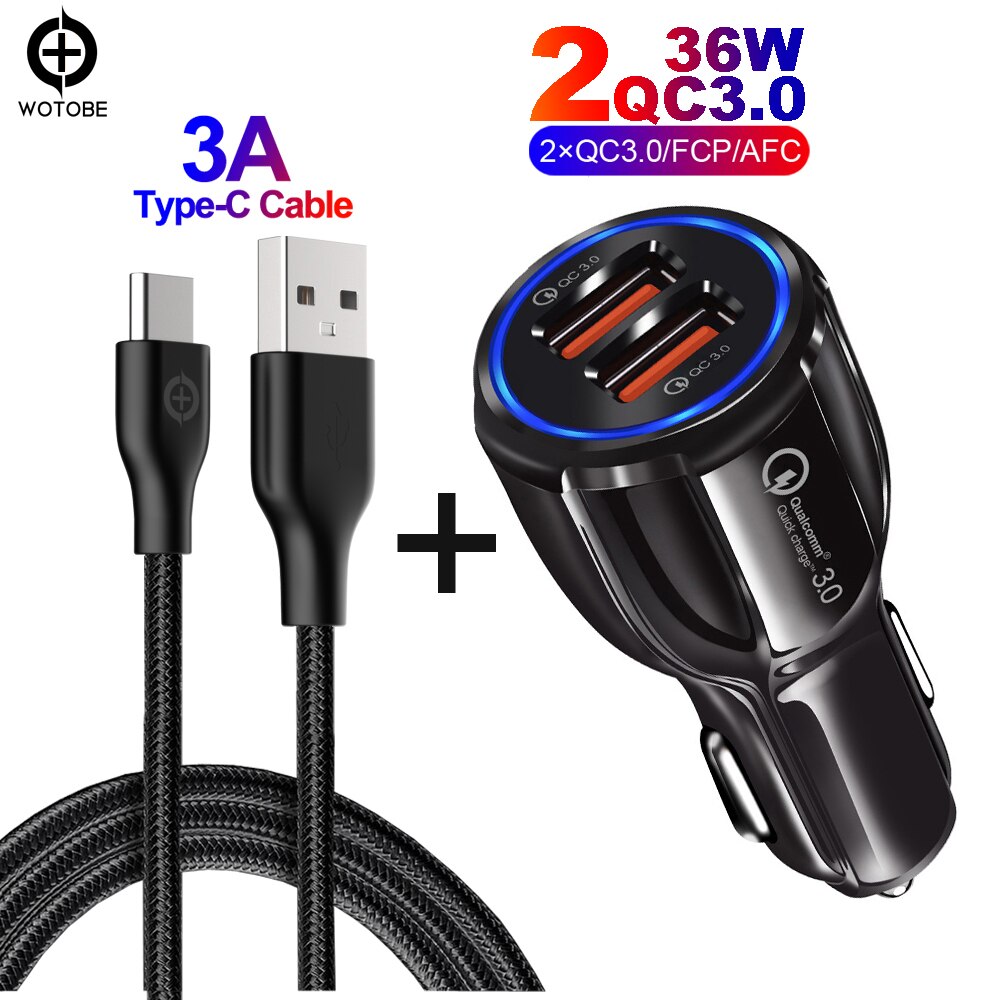 36W 2 Poort QC3.0 Auto Oplader Voor Mobiele Telefoon Oplader 2 Poort Voor IPhone11/Ipad/S9/ s10 Huawei Xiaomi Rapid Auto En 3A Kabel: 2QC and 3A cable