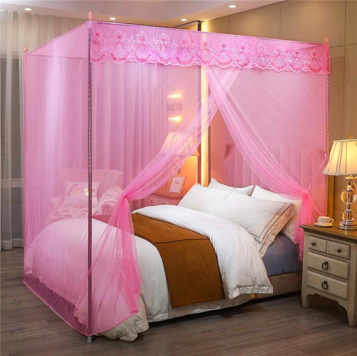 Mosquito Net Single Side Openings Four Corner Bed Post Bed Canopy Mosquito Net Luxury Princess Style Full Queen King Size: Pink
