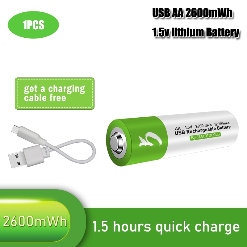 100% kapazität 1,5 V AA li-Ion Batterie 2600mwh li-Polymer mit USB aufladbare Lithium-usb batterie + USB kabel: 1Stck Batterie
