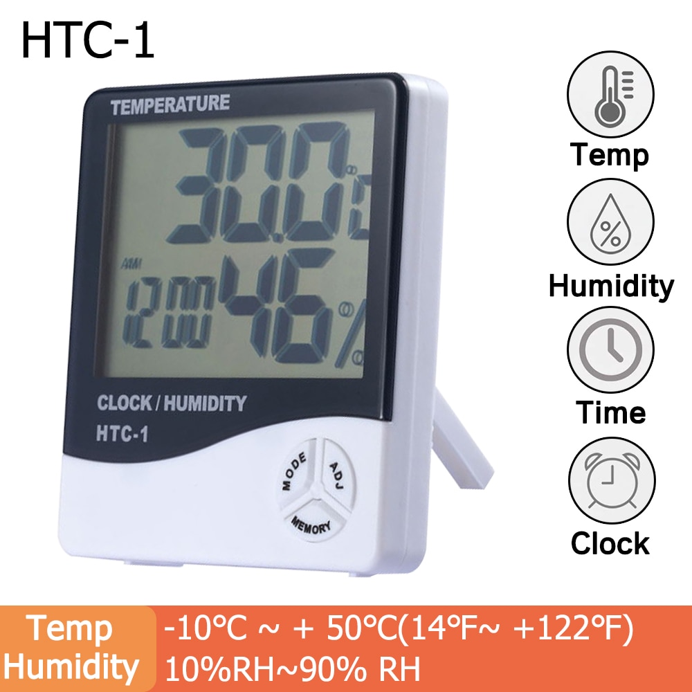 Digital LCD Temperature and Humidity Meter Indoor Outdoor Electronic Thermometer Hygrometer Humidity Gauge with Weather Clock: HTC-1