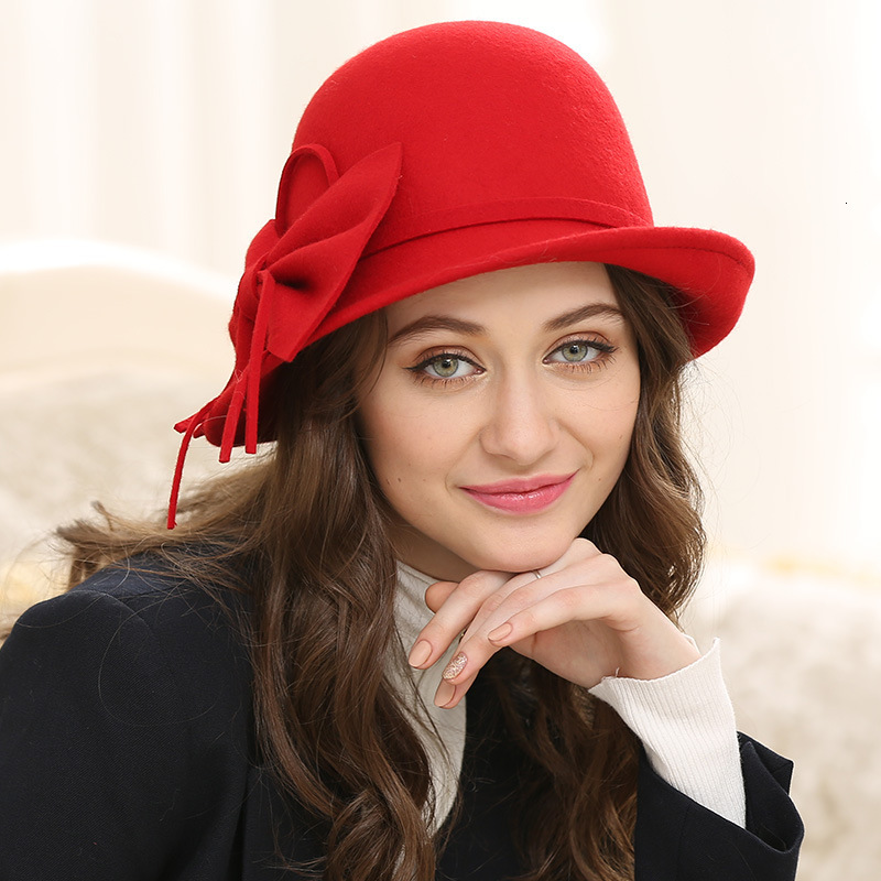 100%  uld fedora damehat kaki tweed bowler filt hue hun solid varm britisk kasket dame efterår vinter blomst filt hat