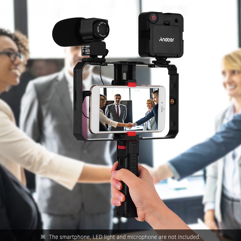 Smartphone Dual Handvat Handheld Video Kooi Stabilisator Kit Ondersteuning Opname Grip Rig Met Statief Telefoon Verstelbare Stabilisator