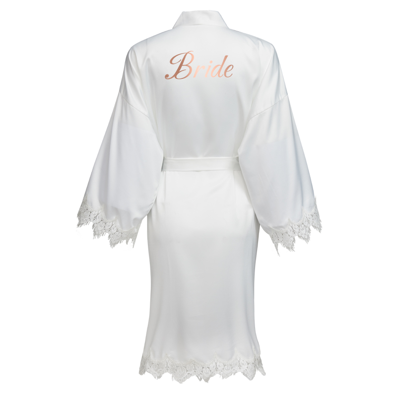 YUXINBRIDAL Dusty Blue Matt Satin Lace Robe with Trim Gown Bridal Wedding Bride Robes Bridesmaid Kimono Robe Bridal Robes: White bride / One Size