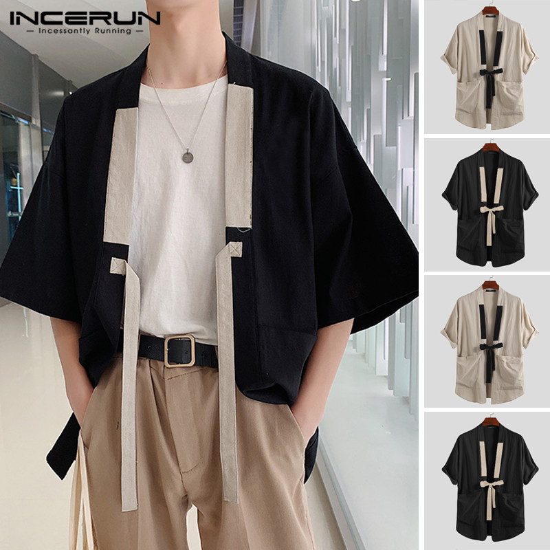INCERUN Style chinois hommes chemise Kimono coton solide Harajuku poches demi manches hauts Streetwear Vintage hommes chemises décontractées