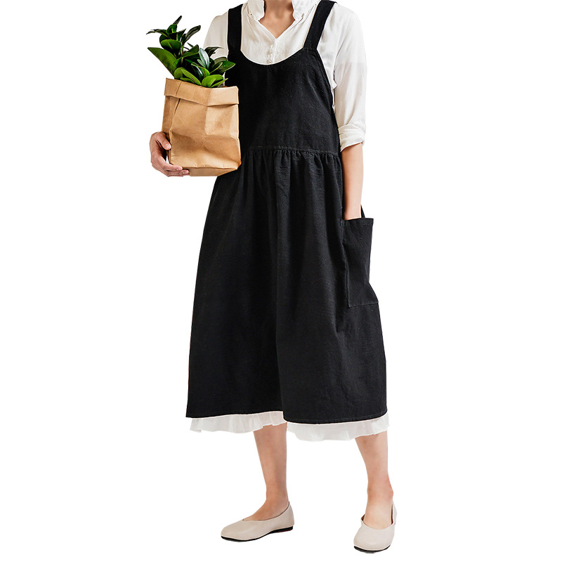 Tablier croisé à dos pour femmes, en coton et lin, enveloppe de cuisson japonaise, robe de fleuriste, Art littéraire, en coton et lin, pour la publicité: BLACK