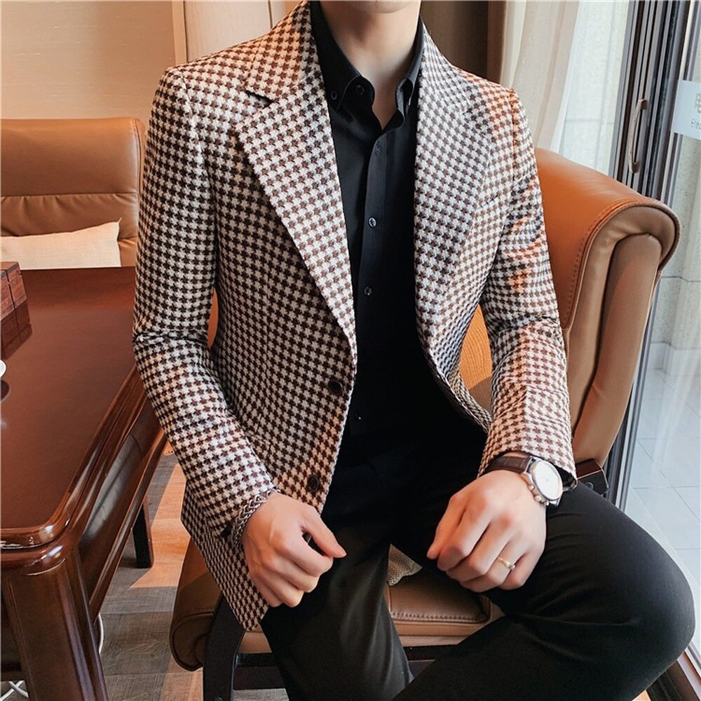 Veste de Costume Slim et décontractée pour Homme, blazer à carreaux, Style britannique, manteau d'affaires, de rue, pour mariage, printemps, 2022