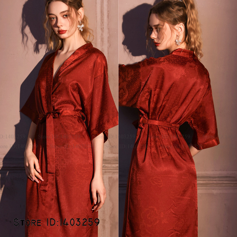 Chinese Style Jacquard Long Robe Nightgown Silk Satin Kimono Bathrobe Gown Spring Summer Sleepwear Home Dress Pajama