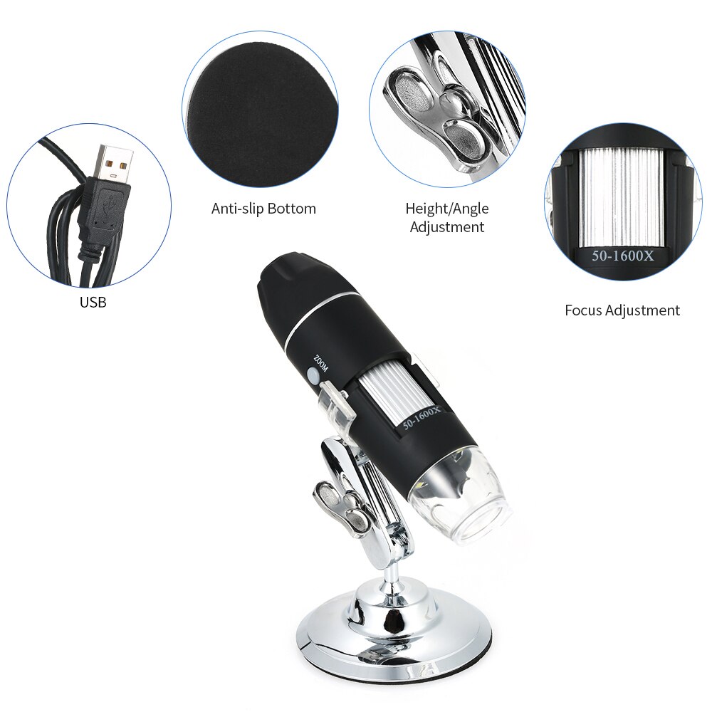 Microscope 1600X Magnification USB Digital Microscope with OTG Function Endoscope 8LED Light Magnifying Glass Magnifier Stand