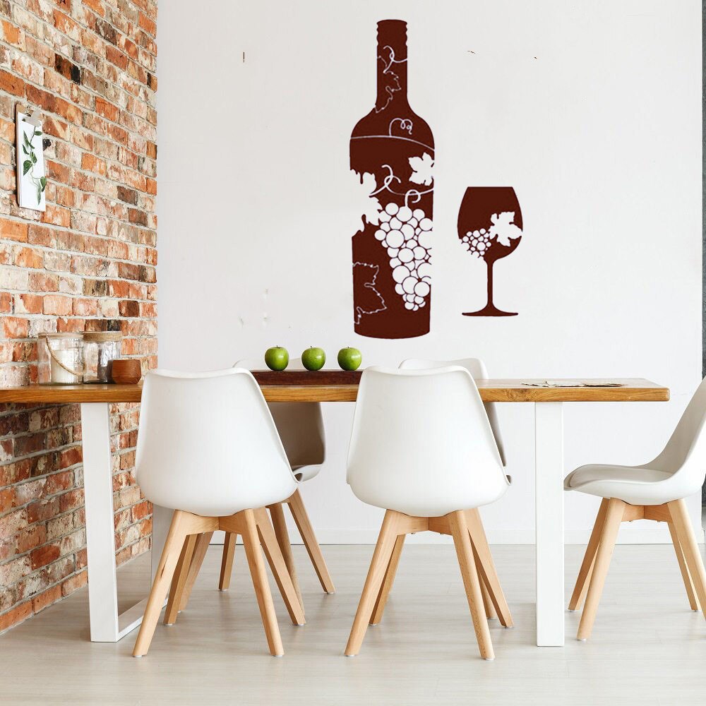 Klassisk vægoverføringsbillede vinflaske glas druer bar alkohol vinyl vægklistermærker køkken mønster dekoration kop mærkater  w11: Farve 1