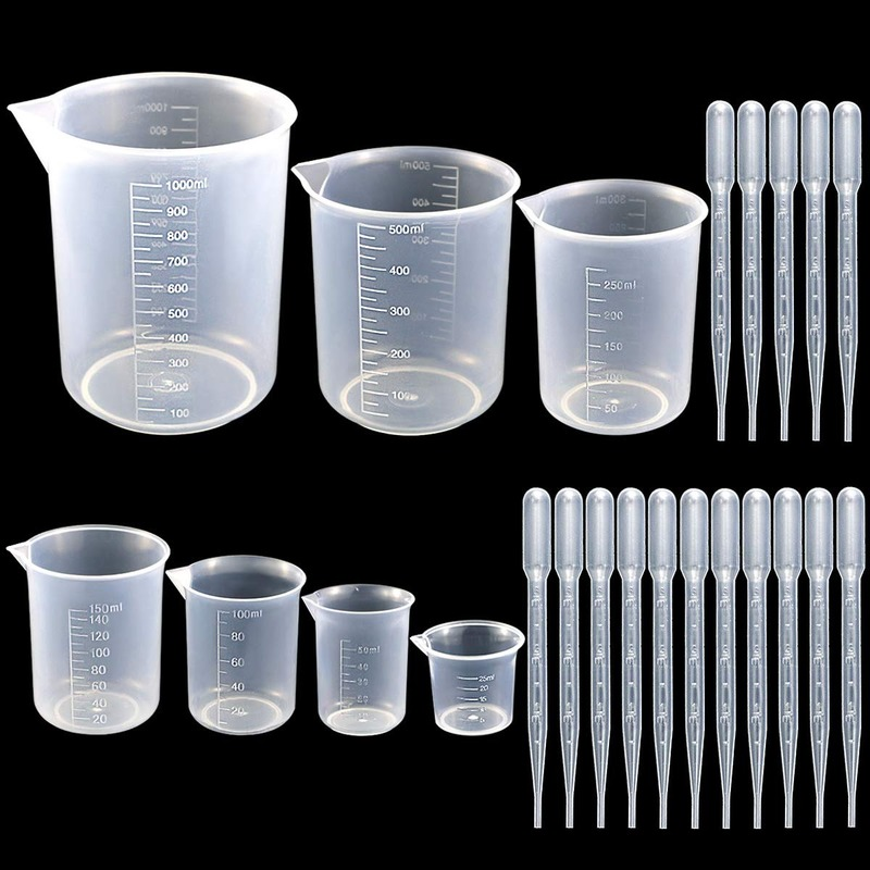 7 Maten Plastic Beker Set, clear Meten Afgestudeerd Vloeibare Container Bekers In 25Ml-1000Ml 20 Pcs Plastic Droppers In3ml