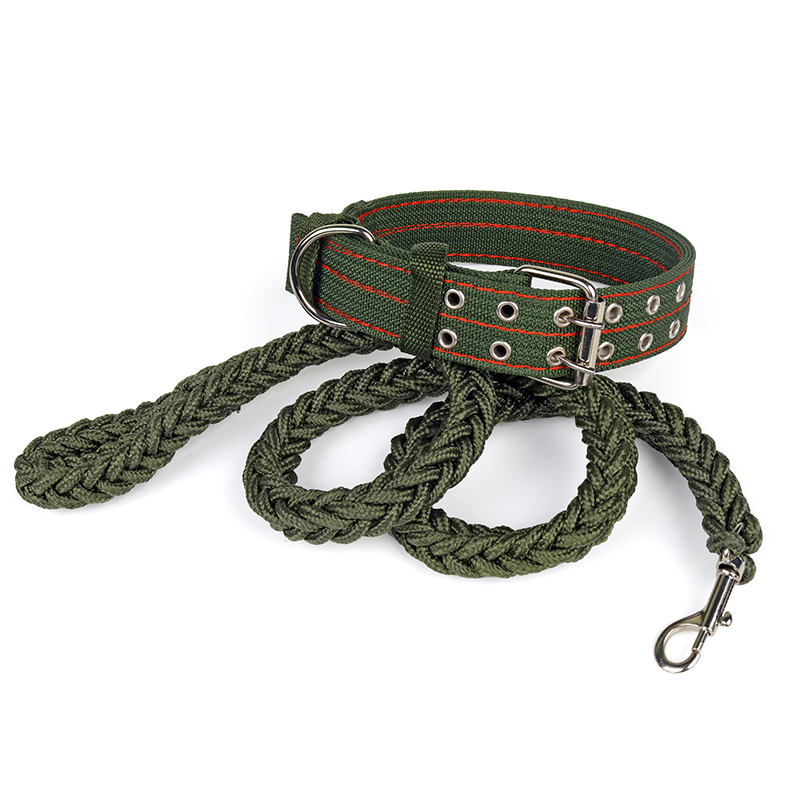 Strong Coarse Nylon Dog Leash Army Green Canvas Double Row Adjustable Dog Collar L/XL Medium Large Dog Pitbull Lead Set