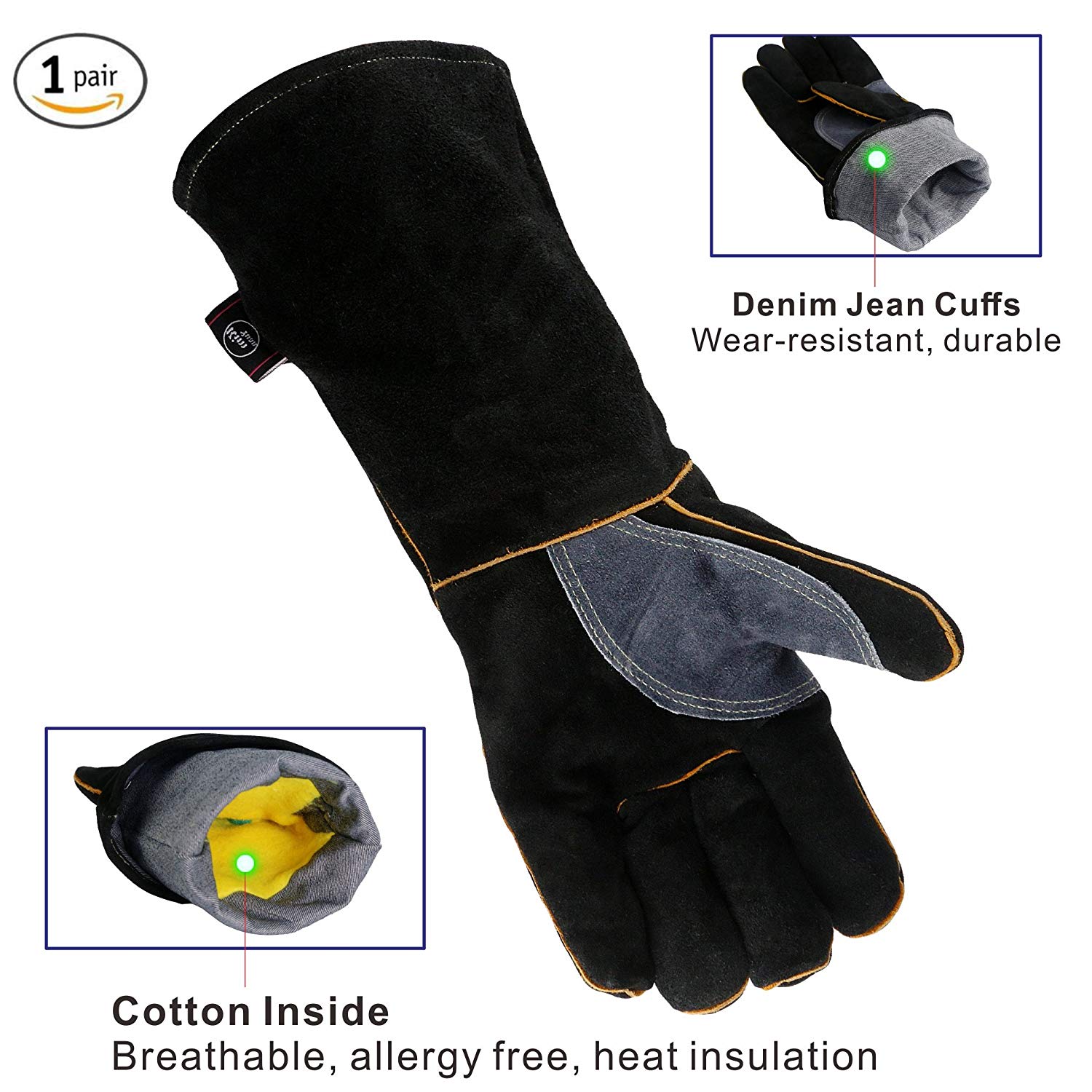 HHPROTECT BBQLeather Forge/Mig/Stick Welding Gloves Heat/Fire Resistant, Mitts for Oven/Grill/Fireplace/Furnace/Stove/Pot Holder