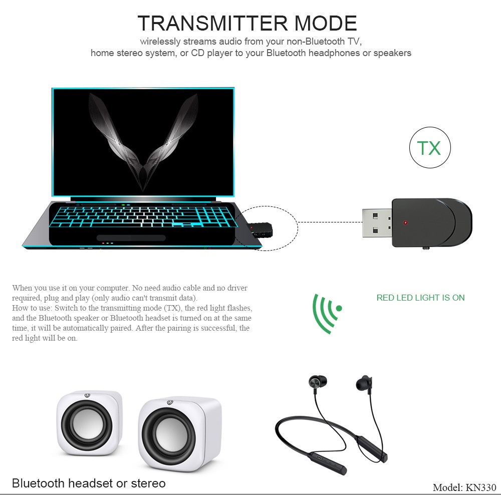 Bluetooth lähetin aux-vastaanotin usb bluetooth 5.0 sovitin kaksoislähtö tietokoneen audio langaton sovitin auton kannettavaan tv-laatikkoon
