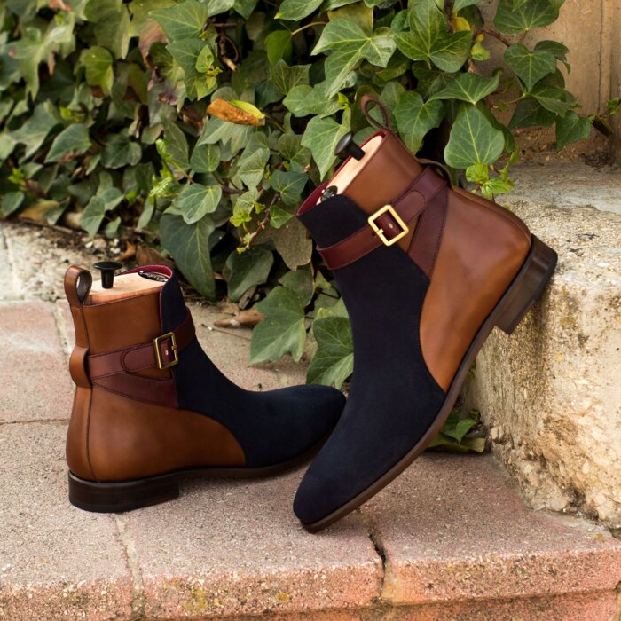 Botas de ante con costura azul-marrón para hombre, Botines Chelsea hechos a mano con hebilla, punta estrecha y tacón bajo, clásica que combina con todo, ZZ147: 46