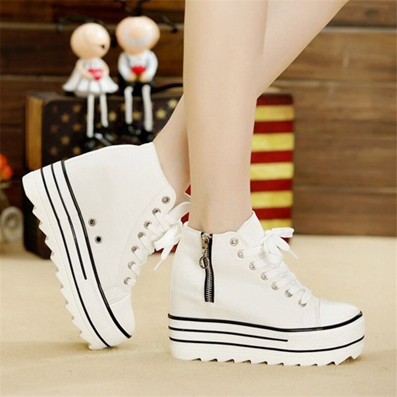Vita kilar canvas skor kvinna sneaker höga platåskor high top sneakers dam dold klack ledig dragkedja vulkaniserade skor
