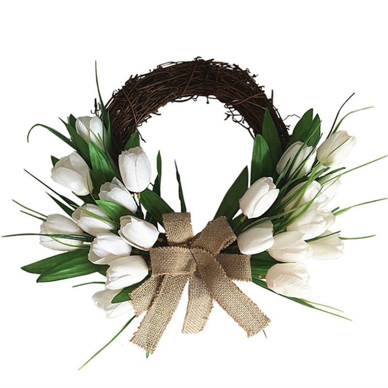 Artificial Flowers White Tulip Wreath Spring Wreath Outdoor for Front Door