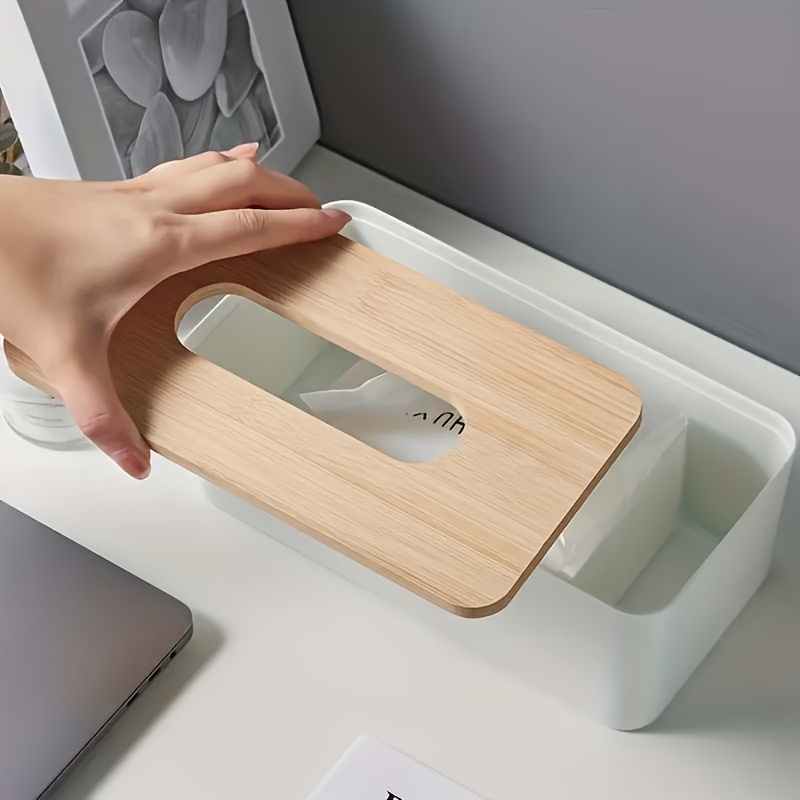 Taschentuchbox mit Kunststoffbasis und Bambusdeckel, für Einweggewebe. Ein eleganter Aufbewahrungsspender für Zuhause und Büro