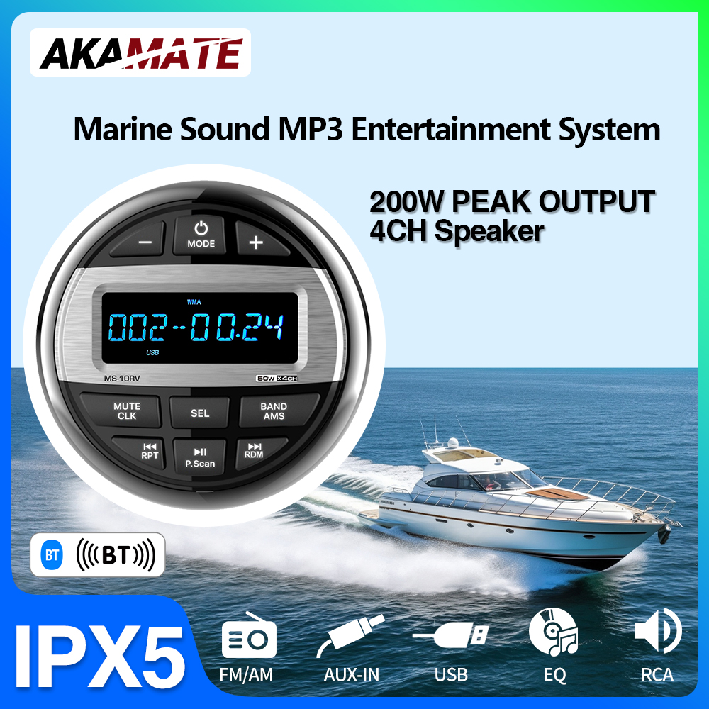 AKAMATE-Radio para barco, reproductor multimedia MP3, Radio marina, estéreo, resistente al agua, Bluetooth, AUX, Audio, receptor FM AM para UTV, ATV, SPA, RZR
