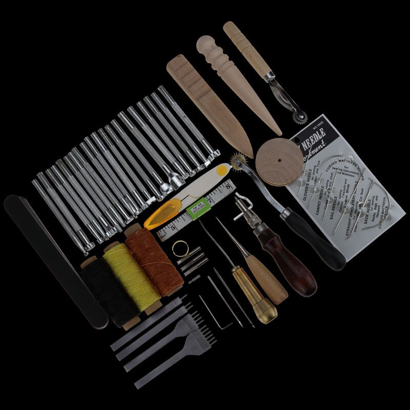 Leather Craft Punch Tools Kit Stitching Carving Working Sewing Saddle Groover Thread Awl Waxed Thimble Kit: 21PCS 1SET