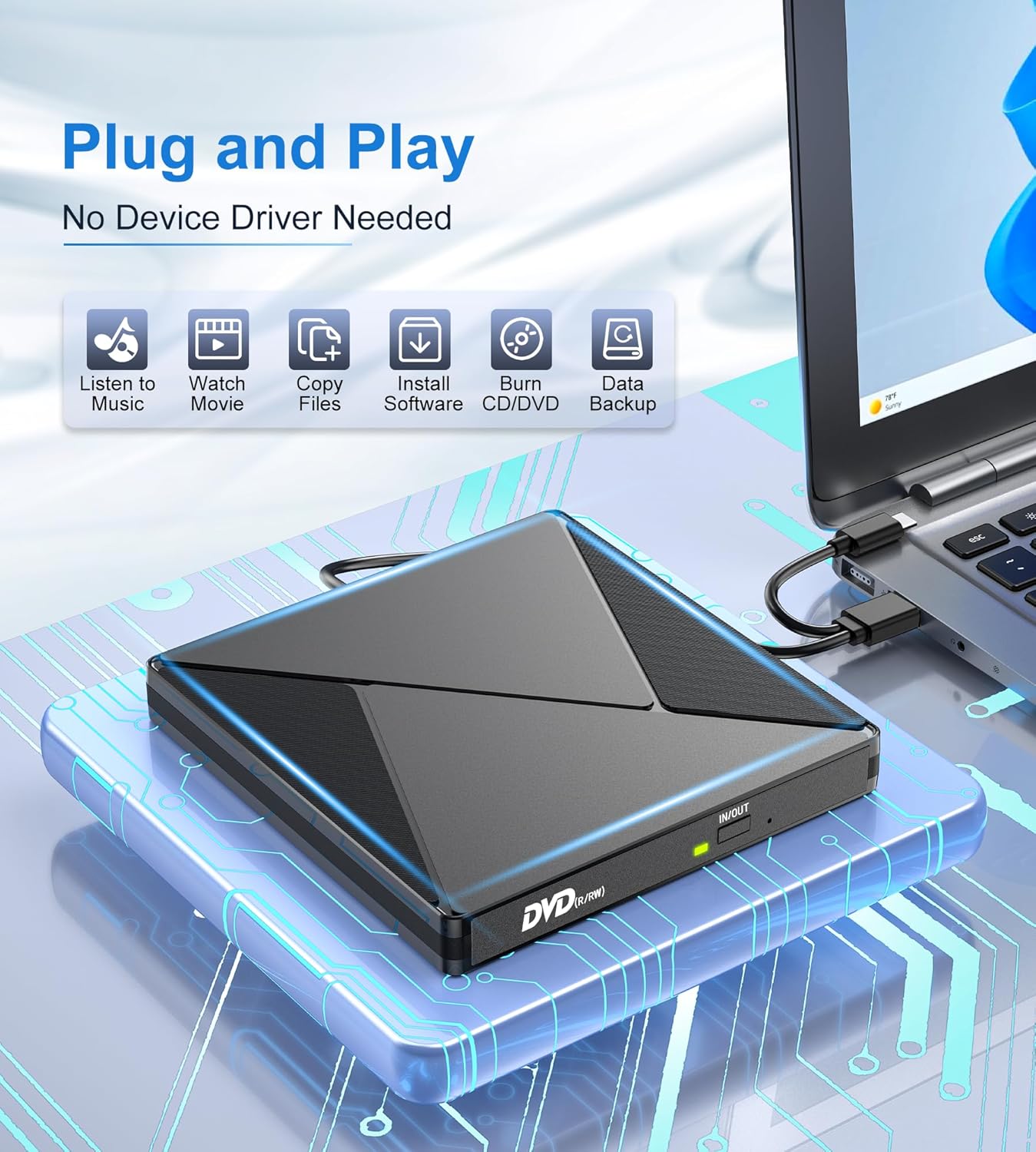 External CD DVD Drive USB 3.0 Type-C Slim Portable CD DVD +/-RW ROM Player Burner Reader for Laptop Desktop MacBook Windows XP