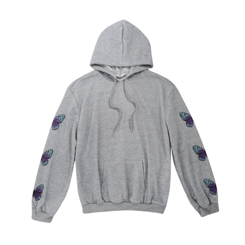 Herfst Winter Mode Vlinder Print Grijs Hoodies Vrouwen Lange Mouw Trui Losse Sport Casual Sweater Streetwear Tops