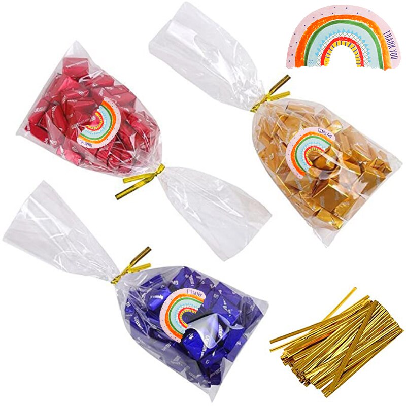 50Sets 100Sets Transparant Clear Plastic Zak Snoep Cookie Brood Toast Cellofaan Zak Met Afdichting Twistties Regenboog Sticker