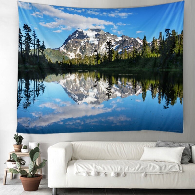 Natural Tree Tapestry Mountain Tree Reflection Background Picture Printed Wall Mounted Tapestry Home Decor Big Blanket