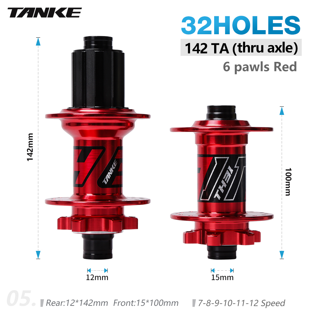 TANKE 32 hub 36 Holes MTB Bike 6 pawls 6 bearing hubs for 7 8 9 10 11 12s speed cassette frewheel aluminum alloy 142 boost 148: 05-32H 142TA red