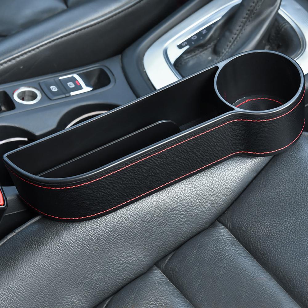 Organizador para espacio de asiento de coche con hendidura, receptor de bolsillo, caja de almacenamiento de cuero PU, soporte para botellas de teléfono, accesorios para interior de coche: black right
