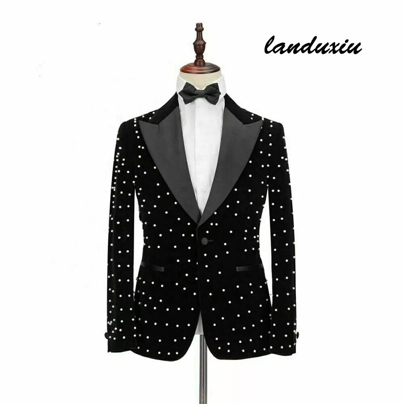 Landuxiu-Blazer de terciopelo con lunares para hombre, traje de novio, esmoquin ajustado para boda y , color blanco y negro, 2022
