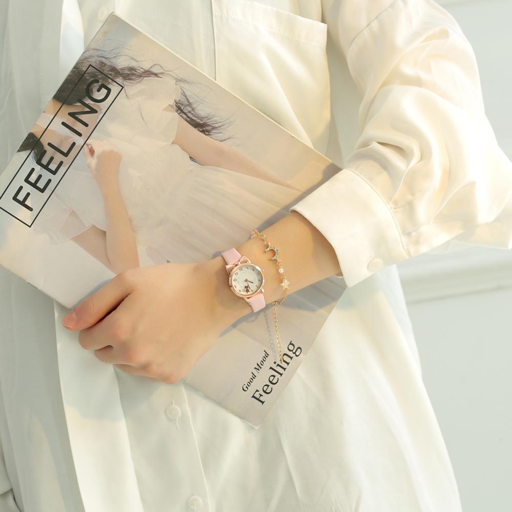 Kids Horloges Studenten Kinderen Roze Horloge Meisjes Lederen Kind Uur Kat Quartz Horloge Meisje Klokken