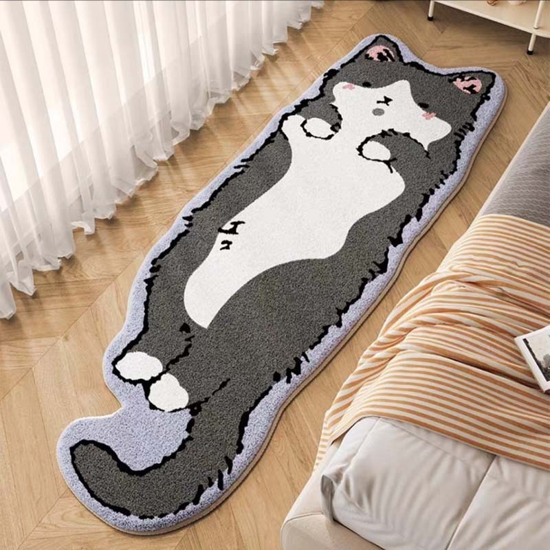 Cute Cat Faux Cashmere Bedside Carpet Cartoon Soft Anti-Slip Foot Rug for Bedroom Water Absorbing Wear-Resistant Home Floor Mat