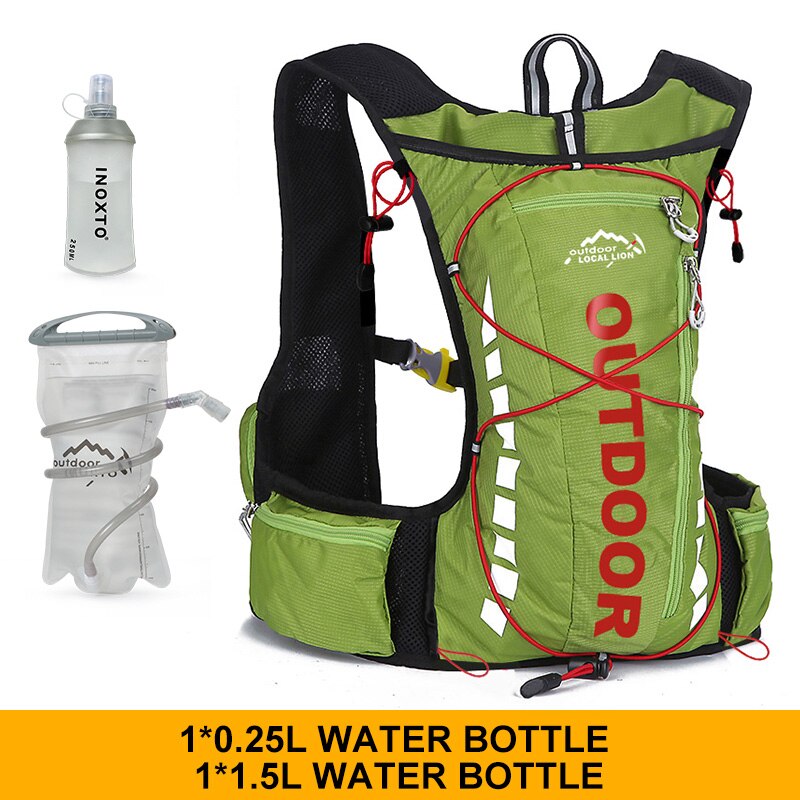 Cycling backpack for men and women, nylon bag, waterproof 8 liters, hiking and camping, 250ml water bottle with 1.5L water bag: green 1.5L250